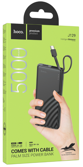 Hoco J129 Palm Size Power Bank With Cable, USB-A and C