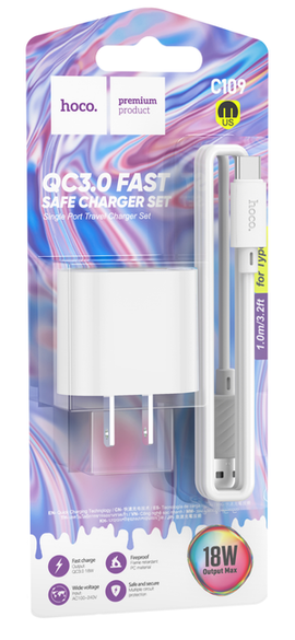 Hoco C109 Fighter Single Port QC 3.0 FAST Charger Set for Type-C