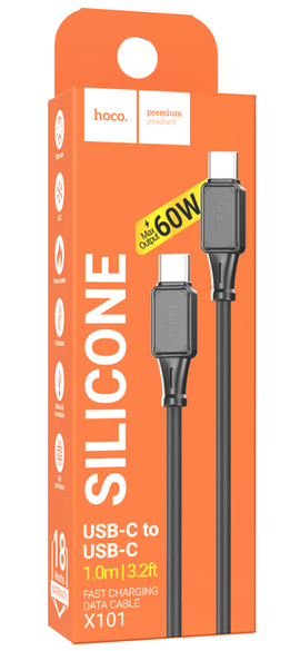 Hoco X101 Silicone Charging Data Cable, 60W, Type-C To Type-C, BLACK