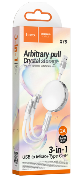 Hoco X78 3-In-1 Easy Pull Crystal Storage Charging Cable (Micro+Type-C+iPhone), WHITE