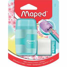 Maped, Duo Connect Two Hole Sharpener and Eraser, with Refill, Assorted Colours