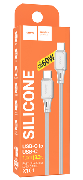 Hoco X101 Silicone Charging Data Cable, 60W, Type-C To Type-C, GRAY